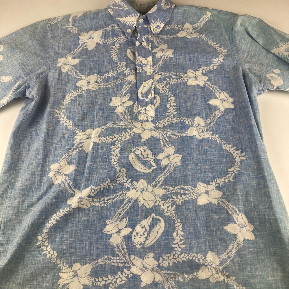 Reyn Spooner Hawaiian Shirt Mens XL Reverse Print Popover Blue Aloha Floral